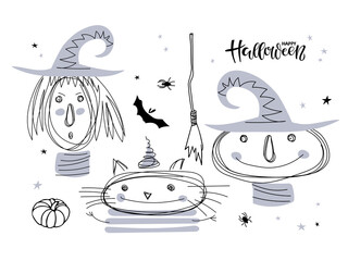 Witches and Cat. Halloween character portraits in doodle outline style. Happy Halloween calligraphy lettering sign and cute characters. Black white hand drawn vector illustration. Spooky characters