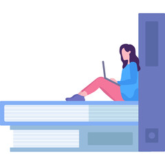 Woman with laptop on book stack vector icon
