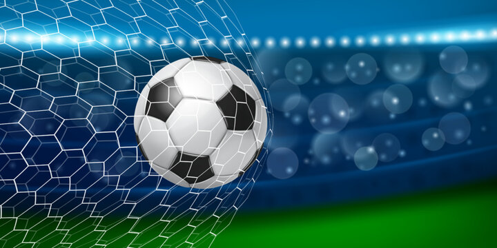 Illustration with a realistic soccer ball flying into the net of a football goal against the backdrop of the stadium stands