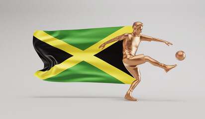 Fototapeta na wymiar Golden soccer football player kicking a ball with jamaica waving flag. 3D Rendering