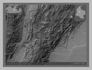 Cundinamarca, Colombia. Grayscale. Labelled points of cities