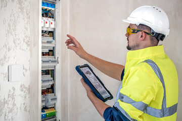 Electrical technician looking focused while working in a switchboard with fuses.