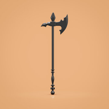 Black medieval battle axe, nordic skyrim battleaxe weapon. Single blade fantasy game ax, asset, warrior item, single hatchet, 3d rendering