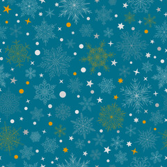 Seamless pattern with complex big and small Christmas snowflakes in blue colors. Winter background with falling snow