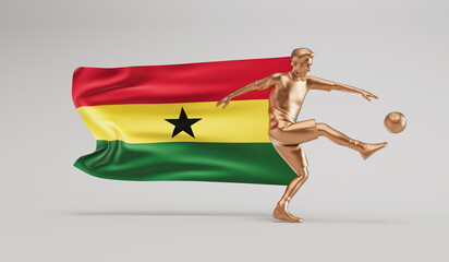 Fototapeta na wymiar Golden soccer football player kicking a ball with ghana waving flag. 3D Rendering