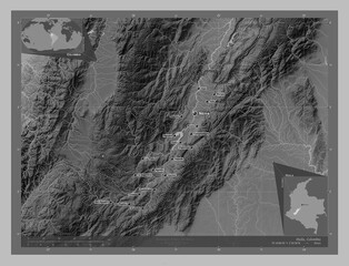 Huila, Colombia. Grayscale. Labelled points of cities