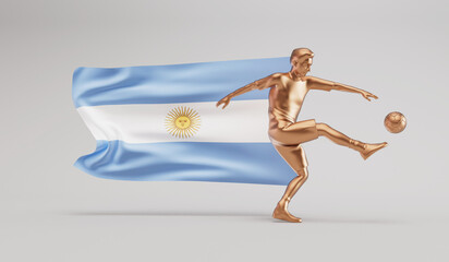 Golden soccer football player kicking a ball with argentina waving flag. 3D Rendering