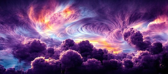 Fototapeta na wymiar Surreal purple cloudscape of intense bright sunlight glow, dramatic electrifying flame clouds and late afternoon golden hour rainbow fusion of vibrant blue and orange colors. 