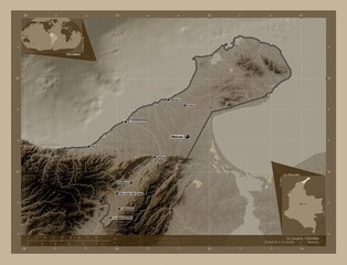 La Guajira, Colombia. Sepia. Labelled points of cities