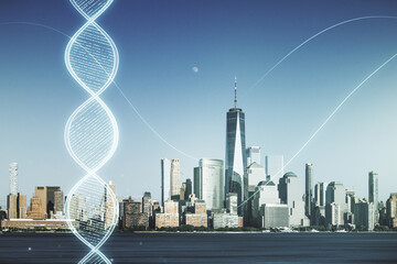 Virtual DNA symbol illustration on New York city skyline background. Genome research concept. Multiexposure