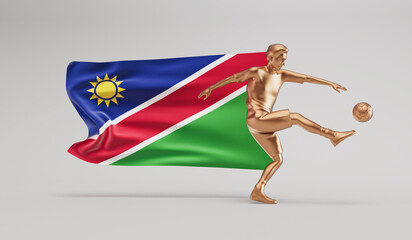 Fototapeta na wymiar Golden soccer football player kicking a ball with namibia waving flag. 3D Rendering