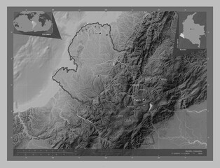 Narino, Colombia. Grayscale. Labelled points of cities