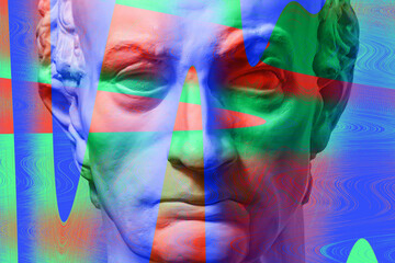 Antique sculpture of human face in artificial intelligence pop art style. Modern creative concept image with ancient statue head. Contemporary neural network art poster. Funky punk collage design.