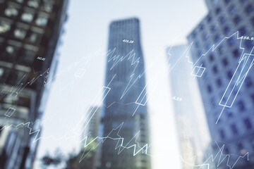 Multi exposure of abstract financial diagram on office buildings background, banking and accounting...