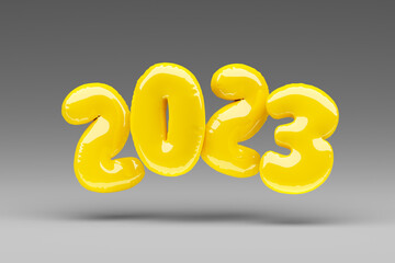 Gold helium balloons numerals 2023. Happy new year 2023 concept. 3d render illustration