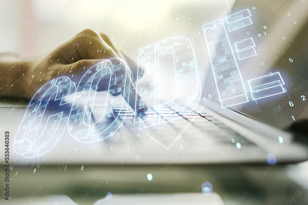 Poster creative code word hologram and hands typing on computer keyboard on background, artificial intellig