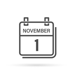 November 1, Calendar icon with shadow. Day, month. Flat vector illustration.