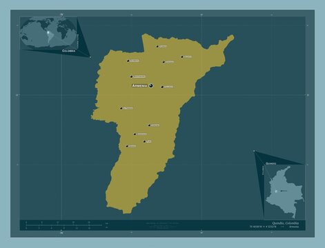 Quindio, Colombia. Solid. Labelled points of cities