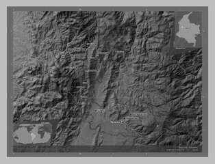 Risaralda, Colombia. Grayscale. Labelled points of cities