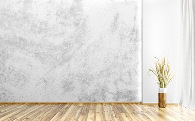 Interior background of room with gray stucco or concrete wall and window. Decorative vase with grass. 3d rendering