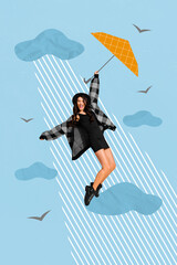 Creative poster collage of active lady hang hold flying umbrella strong wind blow sky cloud rain...
