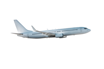 White passenger jet plane flying isolated on transparent background