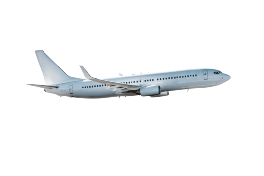 White passenger jet plane flying isolated on transparent background