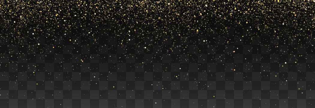 Glitter gold particles shine effect on png background. Vector gold glitter particles effect and texture. Stardust amber particles color on transparent background. Golden explosion of confetti.