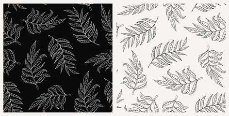 Botanical set of seamless repeat pattern herbs. Random placed, vector bundle of branches on black and white backgrounds.