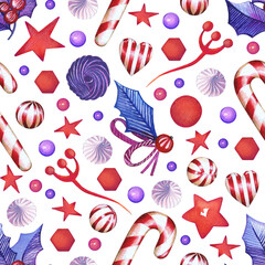 Christmas seamless pattern with candy, confetti and stars.