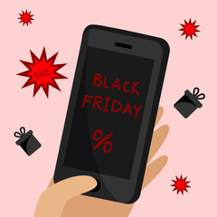 Black Friday concept. Vector illustration smartphone online sale.