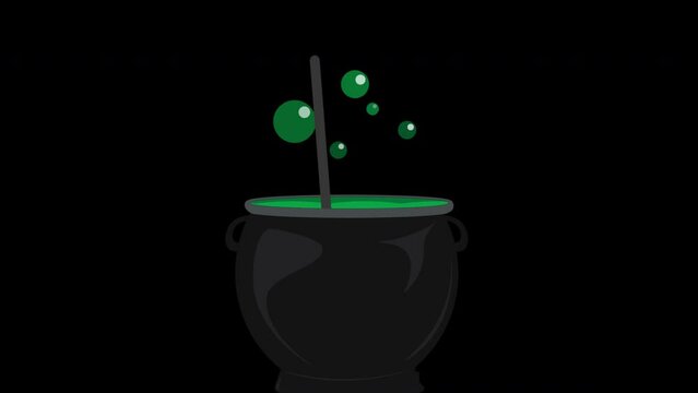 The witch's cauldron is boiling with green bubble animation, alpha channel. Halloween element animated video. 4K loop.