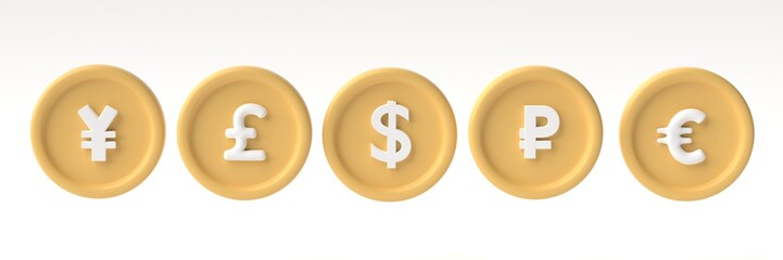 Set of coins dollar, euro, pound, yen and ruble icons. coin isolated on white background. Business financial investment concept. 3D render, 3D illustration