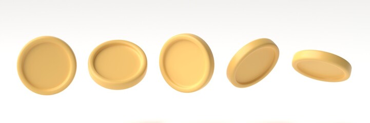 Set of golden coin in different angles isolated on white background. 3D rendering, 3D illustration.