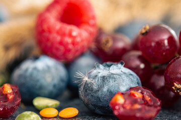 Natural background with different wild berries, macro shot.