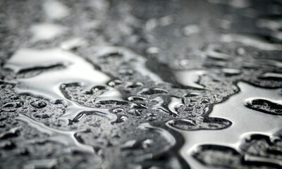 Close-up of waterdrops on silver surface.  Horizontal image with selective focus.