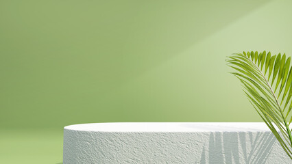 Beauty cosmetic product studio setup. Product display podium. Natural leaves on a green background. 3D rendering