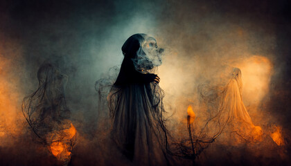 Obraz premium Scary ghost woman in haunted house. Digital art