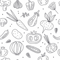 Vector pattern of vegetables drawn with a thin line in the style of doodles.