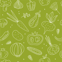 Vector pattern of vegetables drawn with a thin line in the style of doodles.