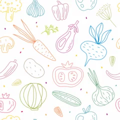 Fotobehang Vector pattern of vegetables drawn with a thin line in the style of doodles. © Abundzu