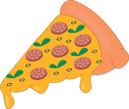 Vector illustration. Pizza slice with melted cheese and pepperoni. Cartoon illustration.