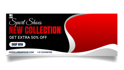 sport shoes banner design for social media banner in red, black and white color