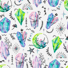 Magical Mystical Crystals and Botanical Watercolor Seamless Pattern