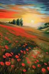 Fototapeta na wymiar Sunset over the poppy field