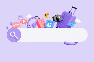 3D Search bar with search tour for travel. Summer vacation and holiday. Booking flight. Business trip with baggage concept. Cartoon creative design icon isolated on purple background. 3D Rendering