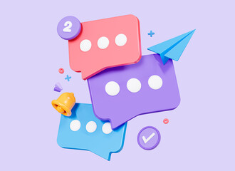 3D Speech bubble messages. Social media communication concept. Bell notification. Chat box in social network and messenger. Cartoon creative design icon isolated on purple background. 3D Rendering