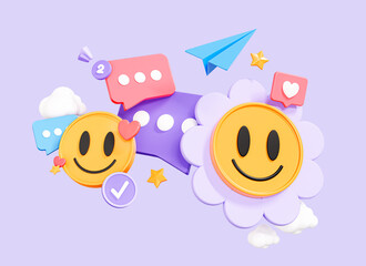 3D Social media communication. Smile emoji in social network. Online message. Marketing time concept. Chat with emoticon. Cartoon creative design icon isolated on purple background. 3D Rendering