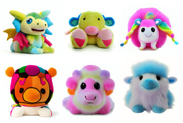 set of cute little fluffy friends, collection of colorful plush toys
