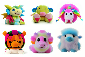 Naklejka premium set of cute little fluffy friends, collection of colorful plush toys